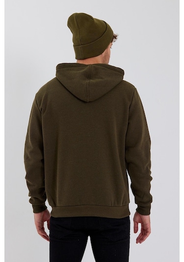 Polostate Erkek Fermuarlı Kanguru Cep 3 İplik Sweatshirt Haki