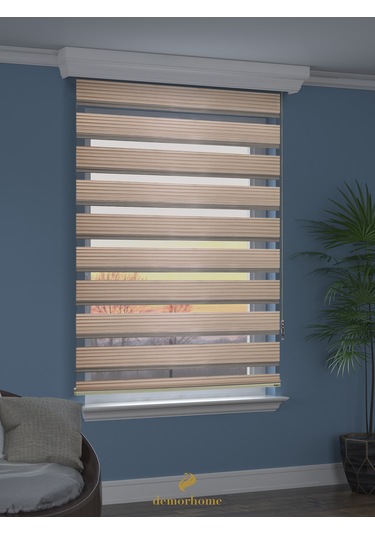 Br Demor Home Geniş Pliseli Latte Rengi Zebra Stor Güneşlik Perde Metal Kasa Latte Rengi