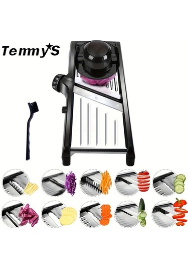 Dashanshop Temmys Manuel Sebze Doğrayıcı Ve Kesici With Brush Ayarlanabilir Paslanmaz Çelik Bıçaklar Mutfak Rendesi Meyve Patates Soğan İçin Temizlik Fırçası Dahil Siyah 1 Parça