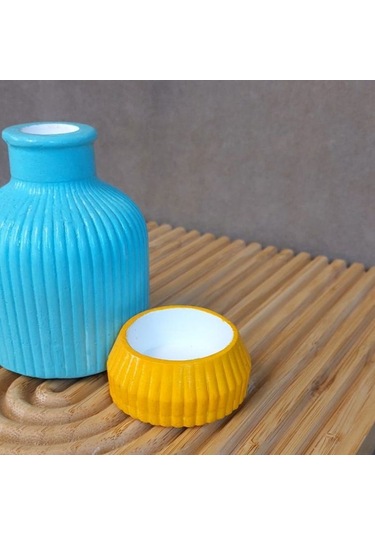 Uretti - Pınar 2572 1733 El Yapımı Vazo Ve Tealight Mumluk 2'li Dekoratif Set Mavi - Sarı