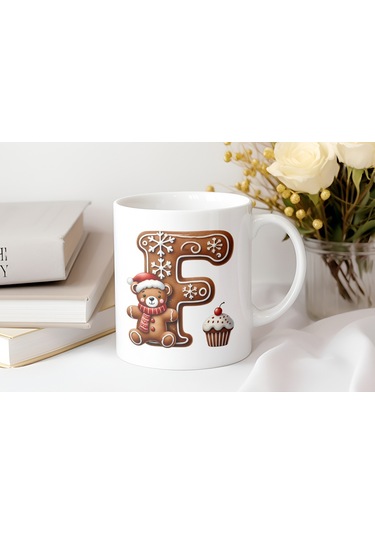 F Kurabiye Harf Ve Ayıcık Detaylı Kupa Bardak - Yeni Yıl / Yılbaşı Temalı Tasarım - Noel Hediye Beyaz