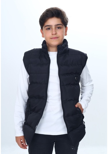 Toontoy Erkek Çocuk Su İtici Dik Yaka Fermuarlı Cepli Şişme Yelek Siyah