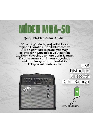 Midex Mga-50usb-bt Elektro Gitar Amfisi 50 Watt Usb Bluetooth Şarjlı 4 Girişli