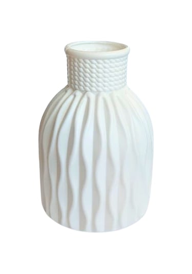 Kendinden Desenli Dar Ağızlı Plastik Vazo - Çok Amaçlı Kalemlik Fırçalık Vazo 12,5 X 8,5 Cm Beyaz