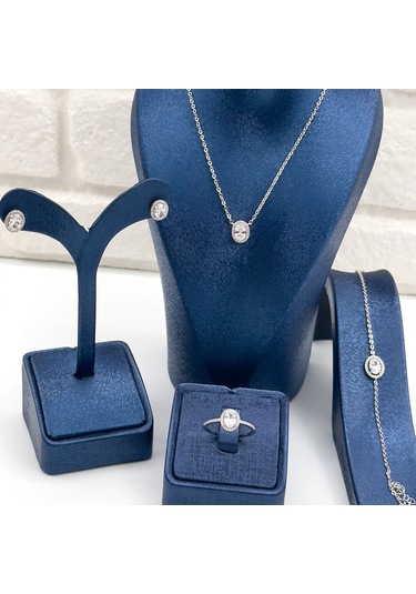 Zirkon Taşlı Oval Gümüş Set Takım Gümüş