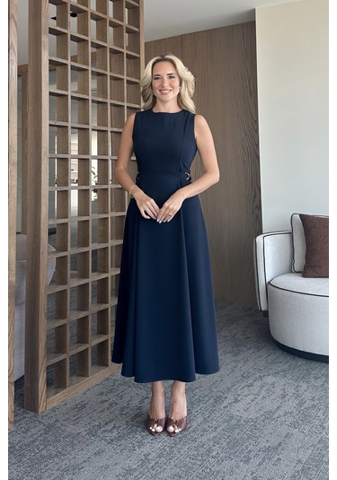 Lacivert Bel Kemer Detaylı Elbise Lacivert