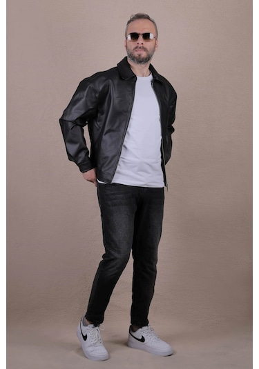 Ohepmoda Oversize Rahat Kalıp Düz Erkek Deri Ceket Siyah