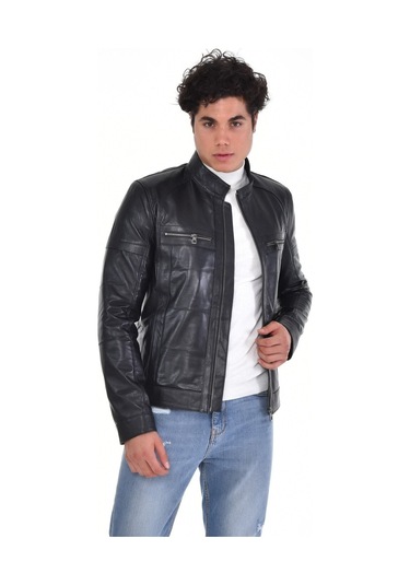 Hakiki Deri Siyah Erkek Deri Mont Hakim Yaka Üst Ve Yandan Fermuarlı Cep Detaylı Deri Ceket Siyah