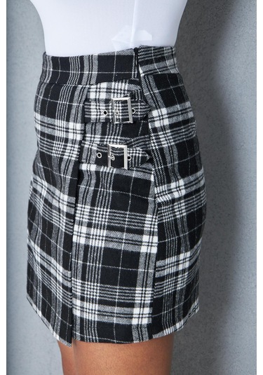 Kadın Siyah Ekoseli Toka Detaylı Mini Etek Dm2029 Siyah