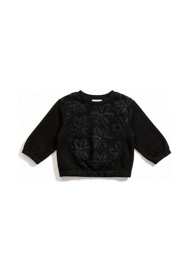 Zekids Kız Bebek Çiçek Nakışlı Sweatshirt-16479 Siyah