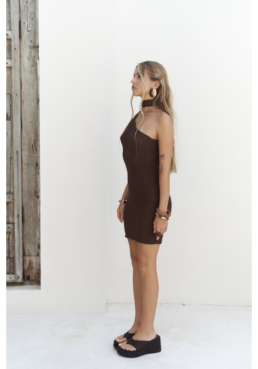 Budah Asimetrik Triko Kahve Mini Elbise Kahve