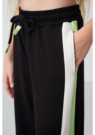 Tommy Life Siyah Yırtmaç Detaylı Cepli Geniş Paça Kız Çocuk Eşofman Alt - 75141 Siyah