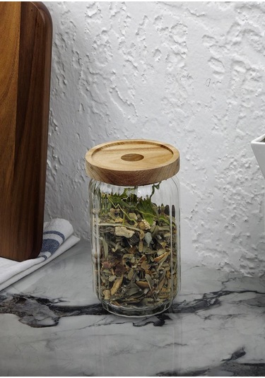 Timber Cam Kavanoz - Çizgili Saklama Kavanozu - Ahşap Kapaklı, 750 Ml