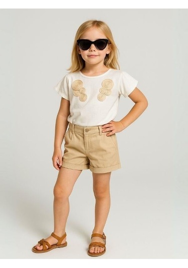 Kız Çocuk Etnik Desenli Nakışlı Tasarım T-shirt-15980 Krem