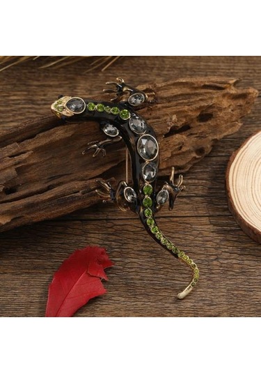 Yeşil Vintage Sürüngen Şekilli Broş Zarif Sahte Kristal Pin Hayvan Şekli Erkek Giysileri Rozeti Moda Aksesuarları Yeşil