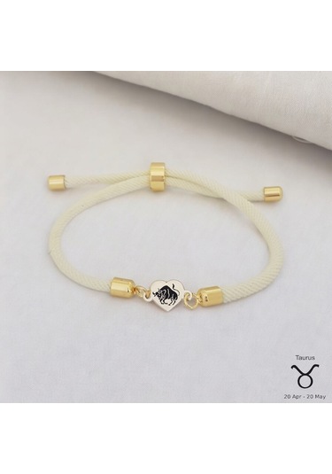 Archin Boğa Burçlarına Özel Kalp Figürlü 14 Ayar Altın Plakalı Beyaz Örgülü Hediye Bileklik-478burç Boğa