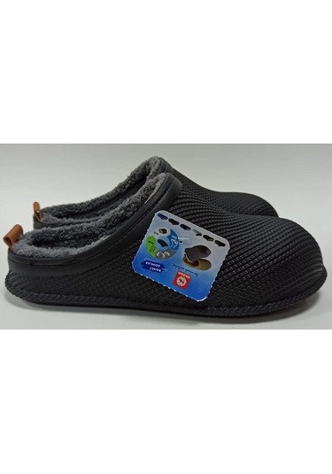 Gezer Kışlık Islak Zemin Erkek Terlik Önü Kapalı Tüylü Siyah Siyah