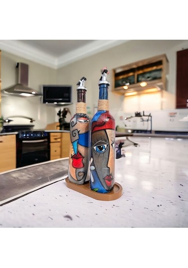 Modern Tasarımlı Soyut Yüz Desenli Renkli 750 Ml Zeytinyağı Sıvıy