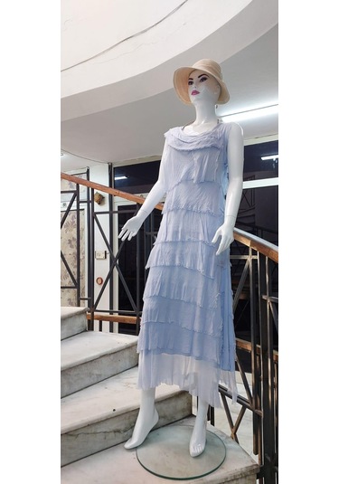 Italyan 2 Beden İnce Gösteren Kat Kat Kolsuz Ipek Elbise Açık Mavi