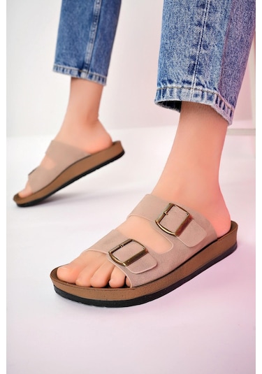 Muggo Rehda Garantili İki Toka Rahat Taban Ayarlanabilir Unisex Terlik Bej