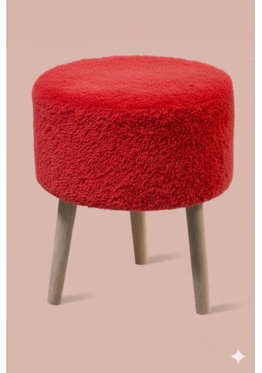 3 Ayaklı Mini Puf - Kırmızı Teddy Peluş Kumaşlı Mini Tabure Kırmızı