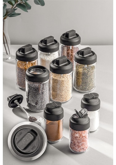 Vienev 3lü Tuzluk Baharatlık Ve 6lı Kendinden Kaşıklı Baharatlık Seti Siyah - Şeffaf