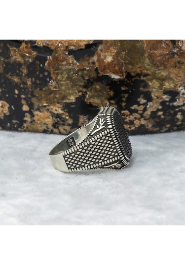 Lale Motifli Mikro Taşlı İşlemeli Gümüş Erkek Yüzük Beyaz