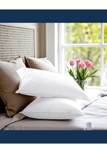 Solivane Otel Tipi Lüks Yastık Kılıfı 83 Tel Pamuk Saten Çizgili Kumaş Queen Size 60x80 Beyaz-2