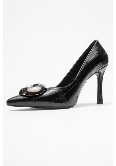 Jordana Siyah Baskı Platin Tokalı Kadın İnce Topuklu Ayakkabı Siyah
