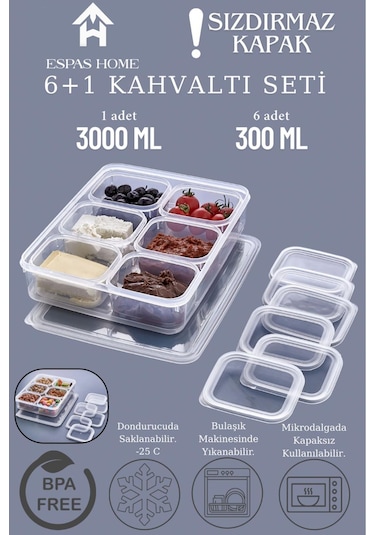 7'li Sızdırmaz Freshbox Kahvaltılık Saklama Kabı Seti / 1x3000 Ml + 6x300 Ml Şeffaf Şeffaf