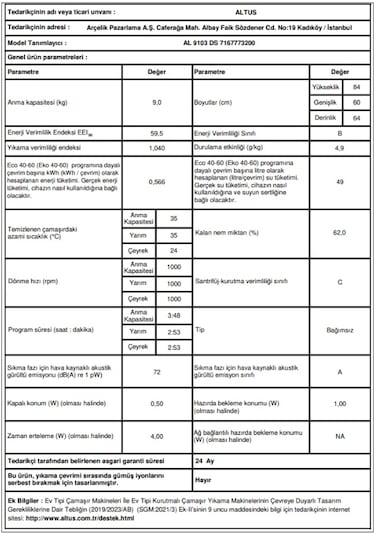 Altus AL 9103 DS 1000 Devir 9 KG Çamaşır Makinesi