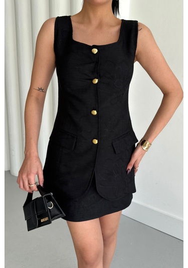 Sensuelle Jakar Keten Yelek - Kısa Etek Takım - Siyah Siyah