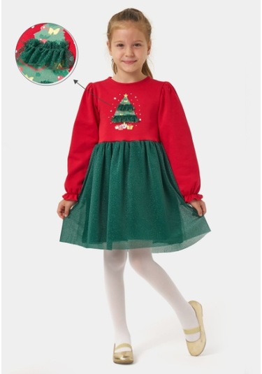 Kız Çocuk Simli Tüllü Ağaçlı Yılbaşı Elbisesi Nbk-24906 Kırmızı