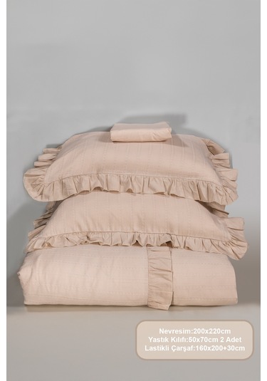 Elart Romantic Nevresim Takımı Çift Kişilik Lastikli Çarşaf 200x220 Cm Bej Bej