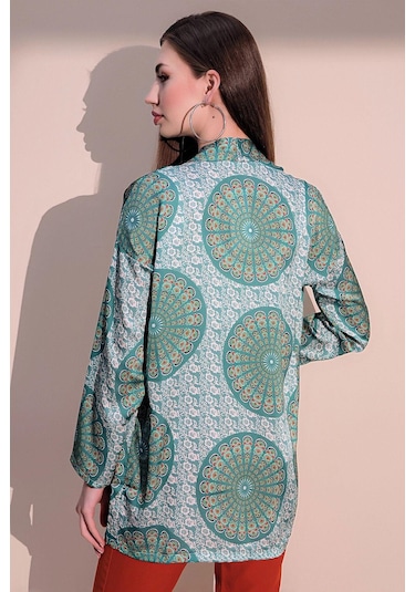Kadın Yeşil Etnik Desen Yeni Moda Saten Çift Cepli Salaş Kimono Ceket - Tesettüre Uygun Yeşil