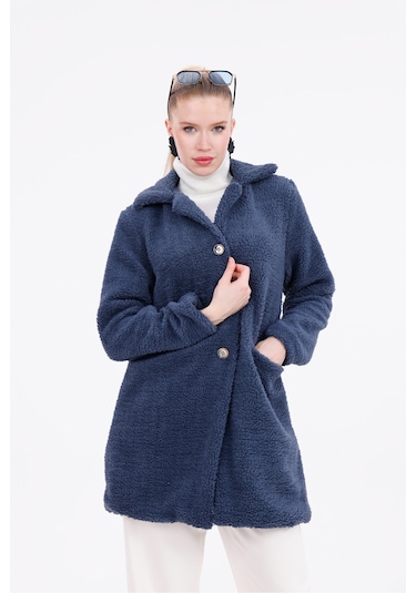 Düğmeli Cepli Kadın Peluş Kaban İndigo