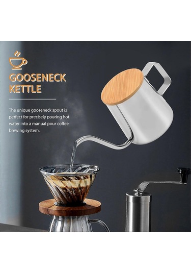 350 Ml Uzun Dar Ağızlı Kahve Potu Kaz Boynu Su Isıtıcısı Paslanmaz Çelik El Damlama Su Isıtıcısı Ahşap Kapaklı Kahve Ve Çay Potu Diğer