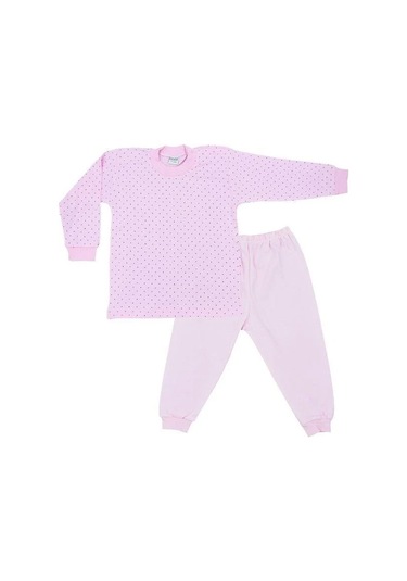 Çocuk Puantiye Desenli Pamuklu Yumuşak Dokulu Pijama-14799 Pudra