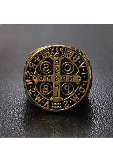 Fastbuy Altın Yeni Paslanmaz Çelik Erkek Yüzük - 8mm Çapraz Altın Detay, Gold Cross Design Altın