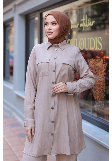 Cep Detaylı Tesettür Vizon Takım Vizon