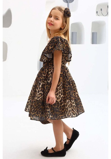 Riccotarz Kız Çocuk Leopar Desenli Siyah Deri Ceketli Elbise 001