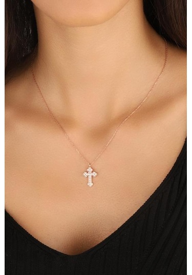 Beyaz Taşlı Gümüş Haç Kolye Iı Rose Gold