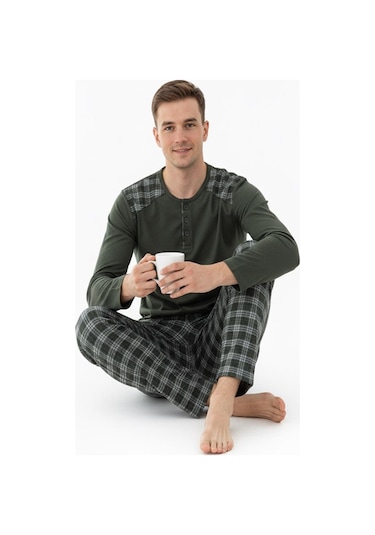 Erkek İnterlok Rahat Kalıp Sıfır Yaka Pamuk Pijama Takımı 6779 Haki