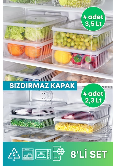 8'li Set 2,3 Lt Ve 3,5 Lt Sızdırmaz Buzluk Saklama Kabı