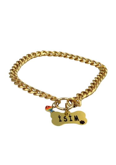 Caramelos İsimli Köpek Tasması- Köpek Zincir - Paslanmaz Çelik Köpek Kolyesi - Köpek Kolye - Orta Ve Büyük Irk Altın