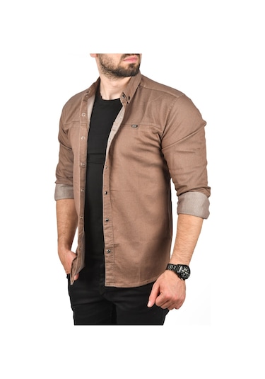 Deepsea Erkek Kahve Dar Kesim Çıt Çıt Düğmeli Pamuklu Kot Gömlek Likralı Spor Gömlek 2300412 Kahve