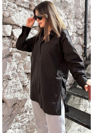 Kadın Siyah Terikoton Kumaş, Yırtmaçlı, Rahat Uzun Gömlek Siyah