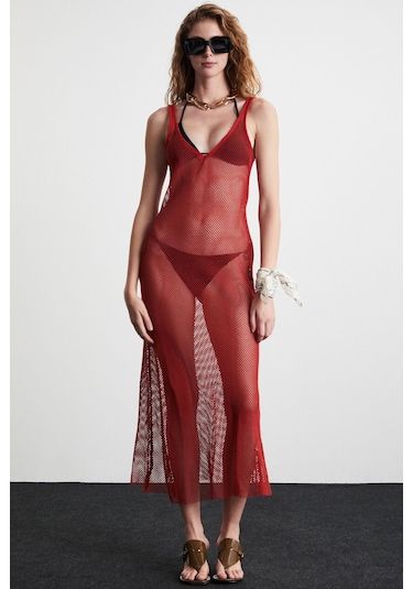 GRIMELANGE Deryn Kadın File Pamuklu Kumaşlı V Yakalı Eteği Kloş Plaj Giyimi Kiremit Rengi Elbise Kiremit Rengi