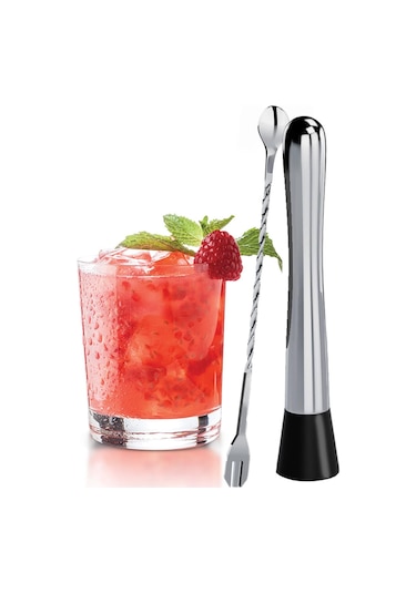 Vkemall 10 İnç Paslanmaz Çelik Kokteyl Muddler Ve Uzun Saplı Karıştırma Kaşığı - Mojito Ve Meyve İçecekleri İçin Bar Aksesuarı Seti Gümüş
