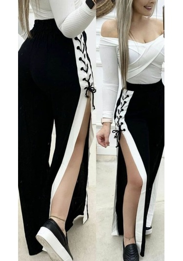 Tua Moda Kadın Yüksek Bel Yandan Çapraz Bağcıklı Yırtmaçlı Viskon Iki Iplik Pantolon Siyah